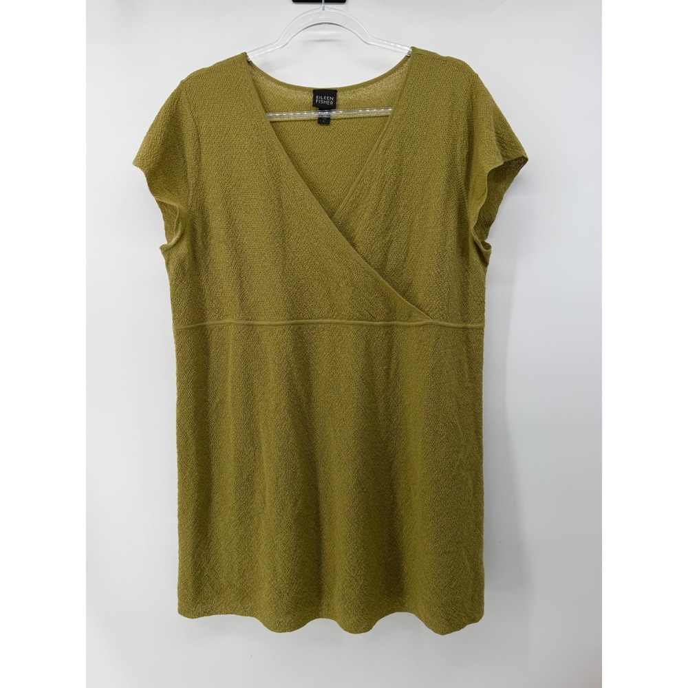 Eileen Fisher Olive Green 100% Italian Wool Knit Wrap V-Neck Tunic Top Large